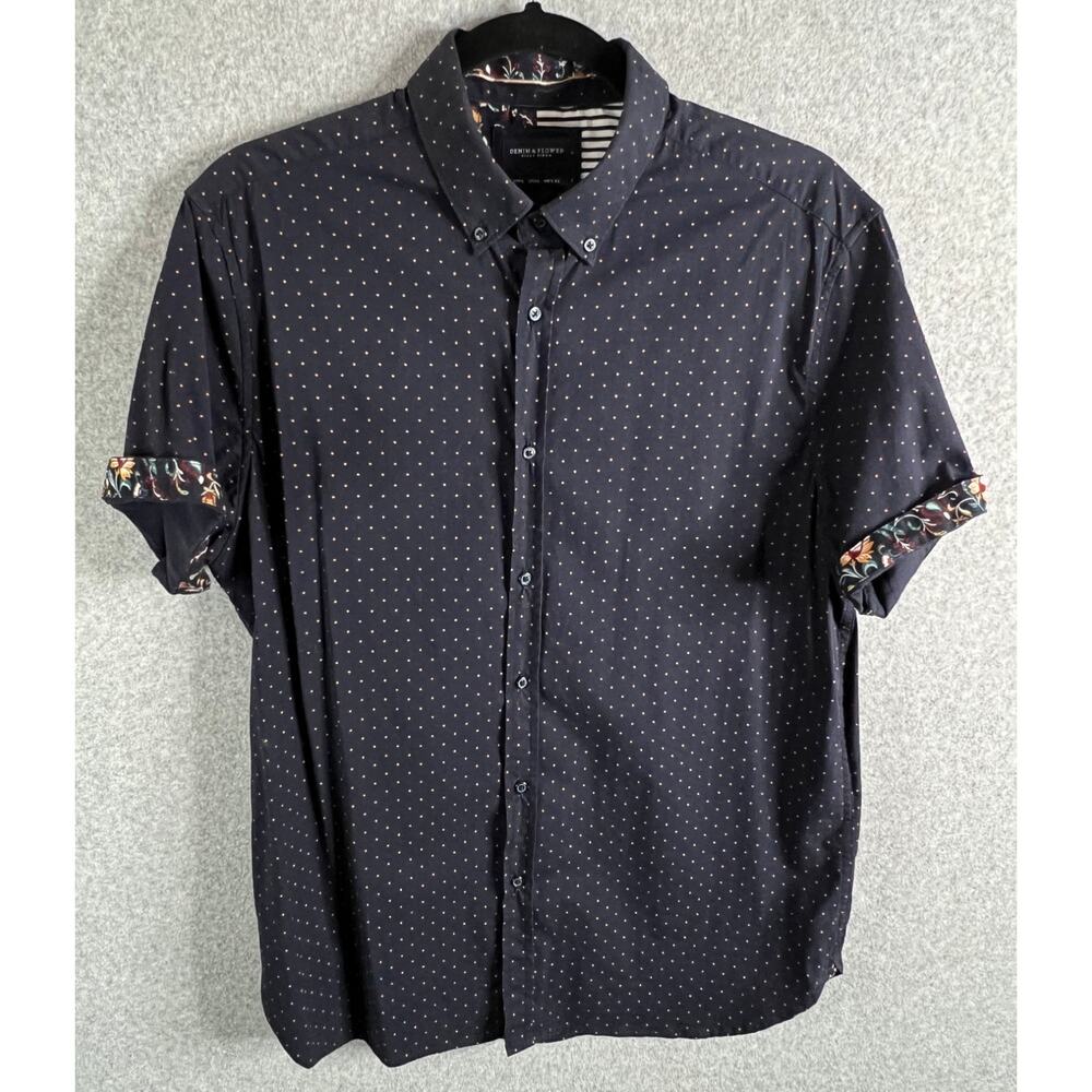 Denim & Flower Ricky Singh Mens L Navy Dot Button Up Shirt Stretch Casual SS